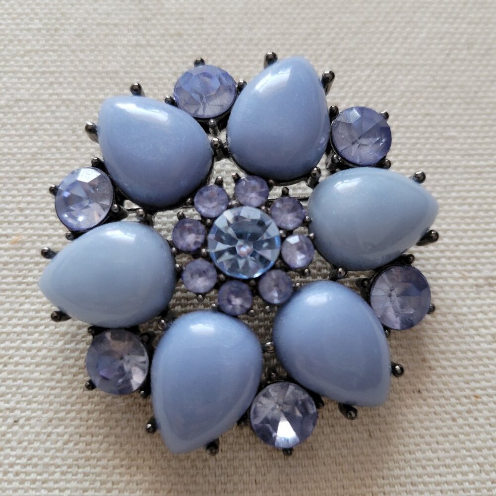 Blue Milk Glass and  Rhinesone Brooch